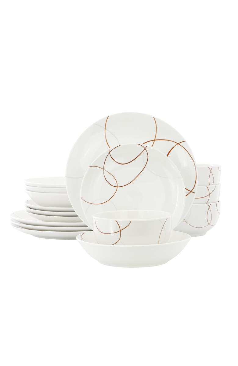 Elama Sydney 16 Piece Porcelain Double Bowl Dinnerware Set, Service for 4, Main, color, White