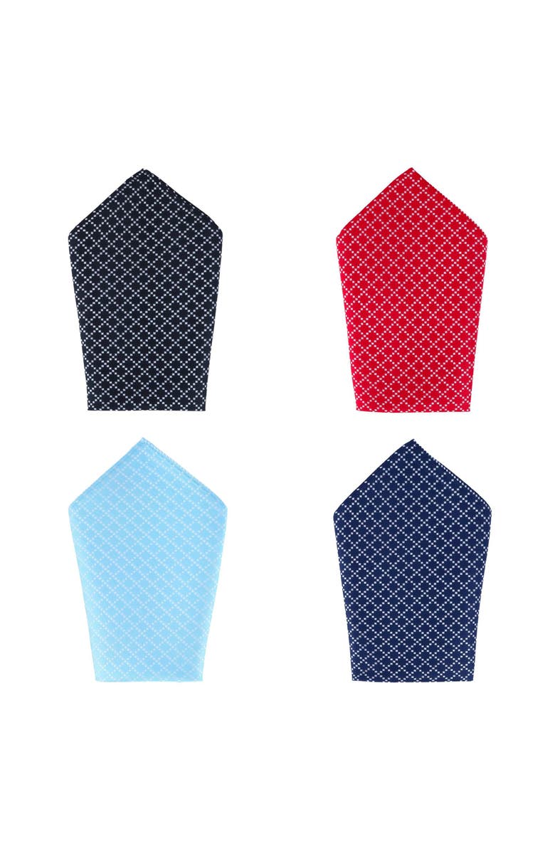 Trafalgar Rowan Geometric Pattern 12 x 12 Silk Pocket Square Set, Main, color, Black, Blue, Navy, Red