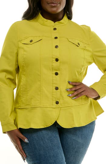 Nina Leonard Denim Peplum Jacket In Multi