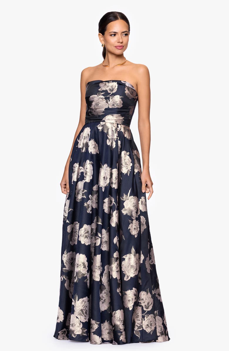 Betsy & Adam Jacquard Burnout Strapless Gown, Alternate, color, Navy/ Blush