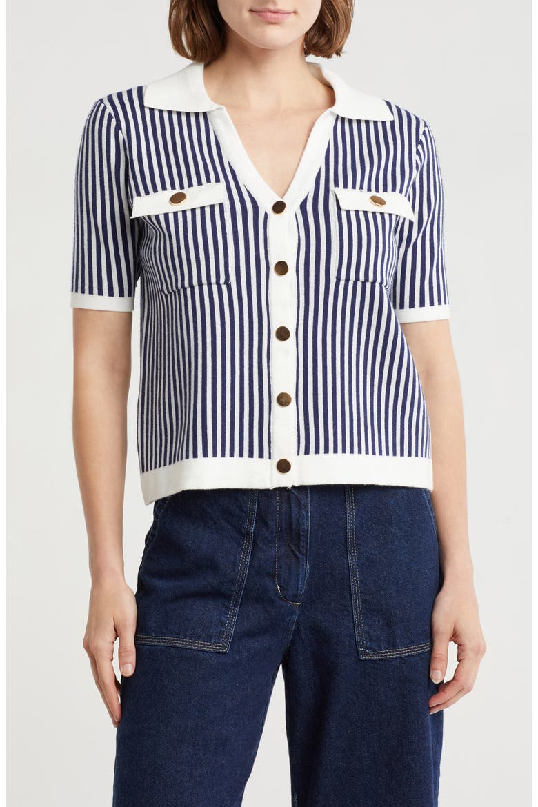 Stripe Short Sleeve Polo Cardigan, Main, color, NAVY/ WHITE