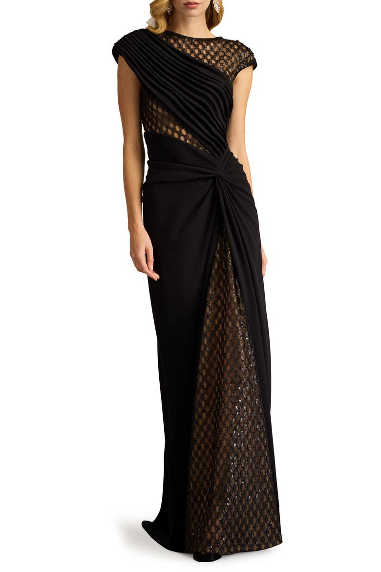 Mixed Media Cap Sleeve Crepe Gown, Main, color, BLACK