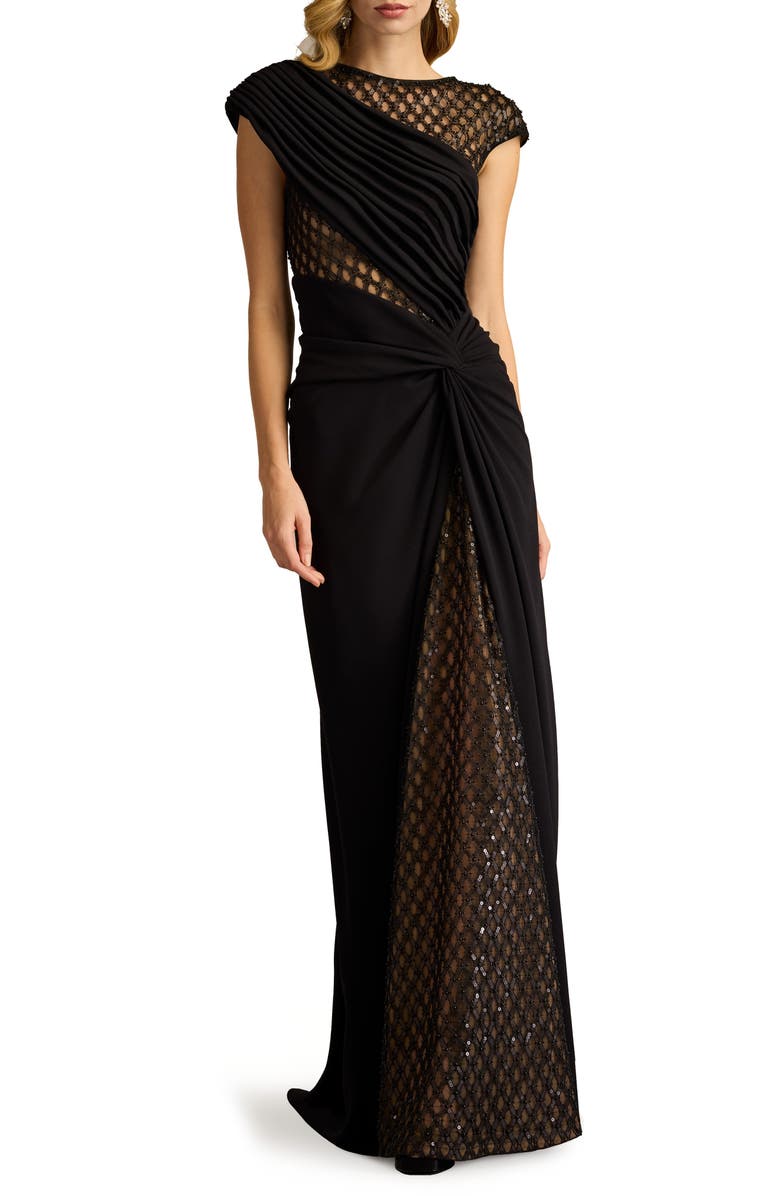 Tadashi Shoji Mixed Media Cap Sleeve Crepe Gown, Main, color, Black