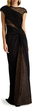 Tadashi Shoji Mixed Media Cap Sleeve Crepe Gown