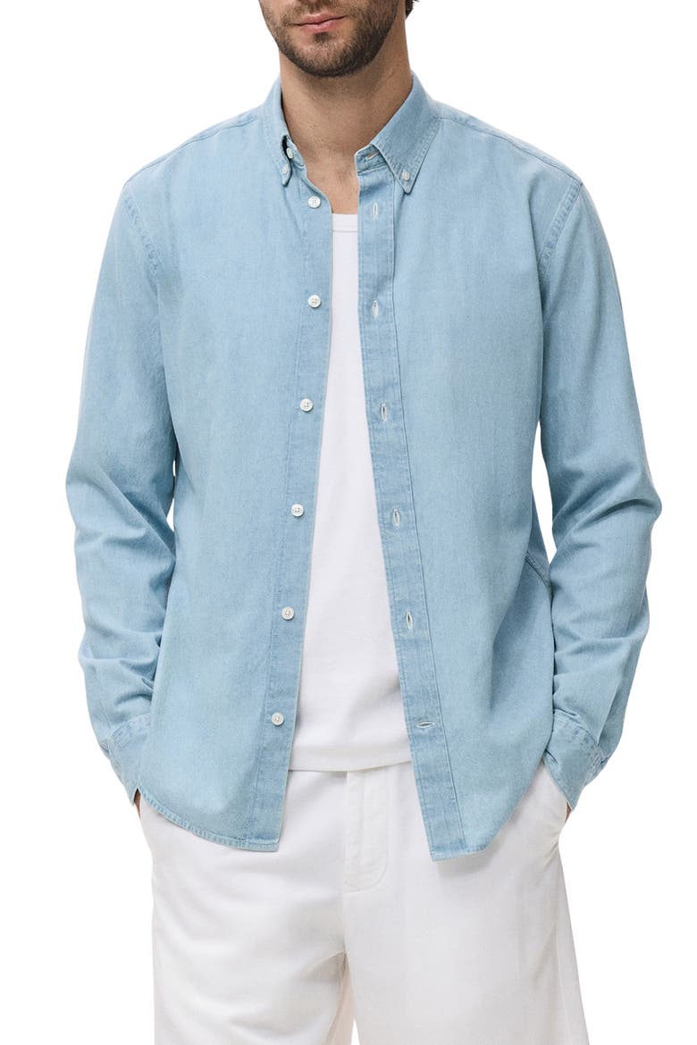 Regular Fit Cotton & Linen Denim Button-Down Shirt, Main, color, LIGHT BLUE