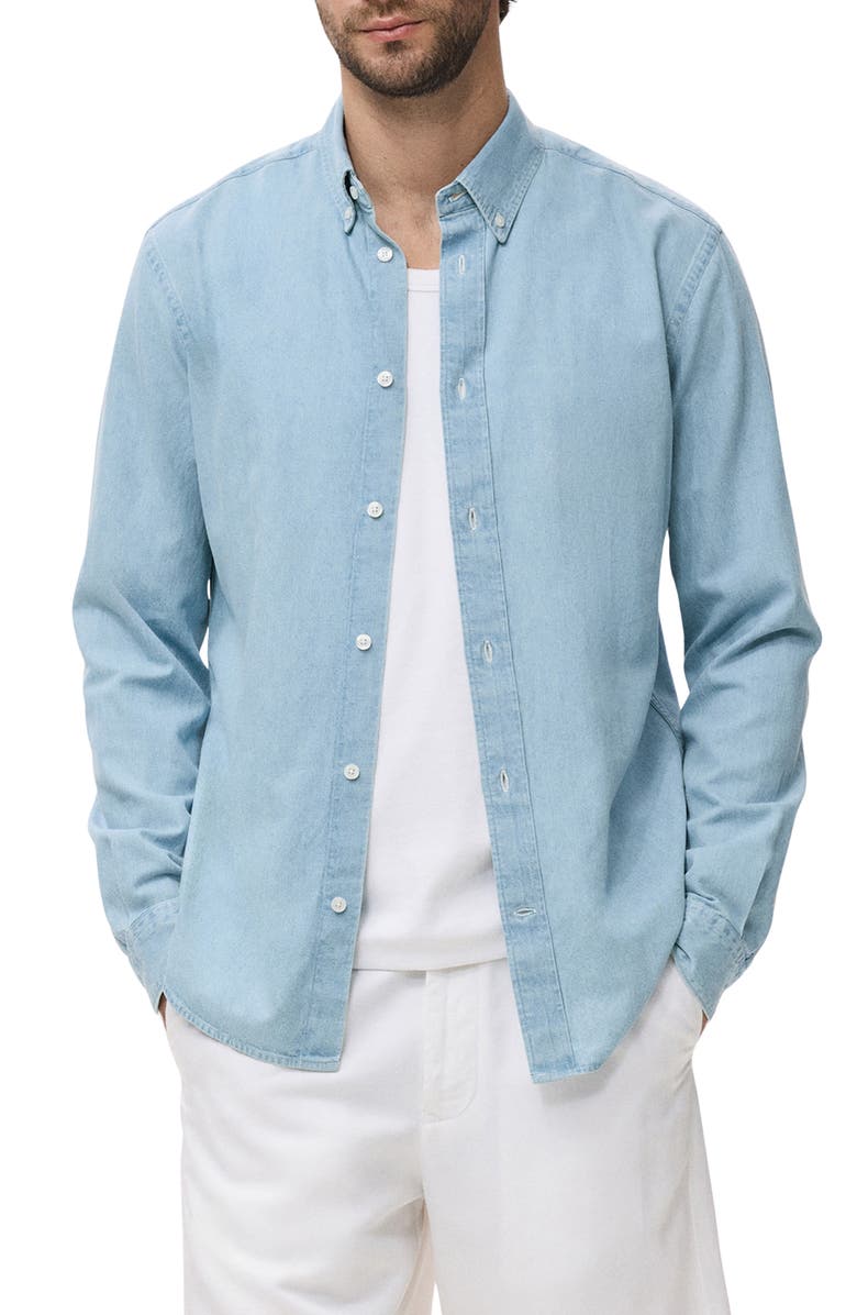 MANGO Regular Fit Cotton & Linen Denim Button-Down Shirt, Main, color, Light Blue
