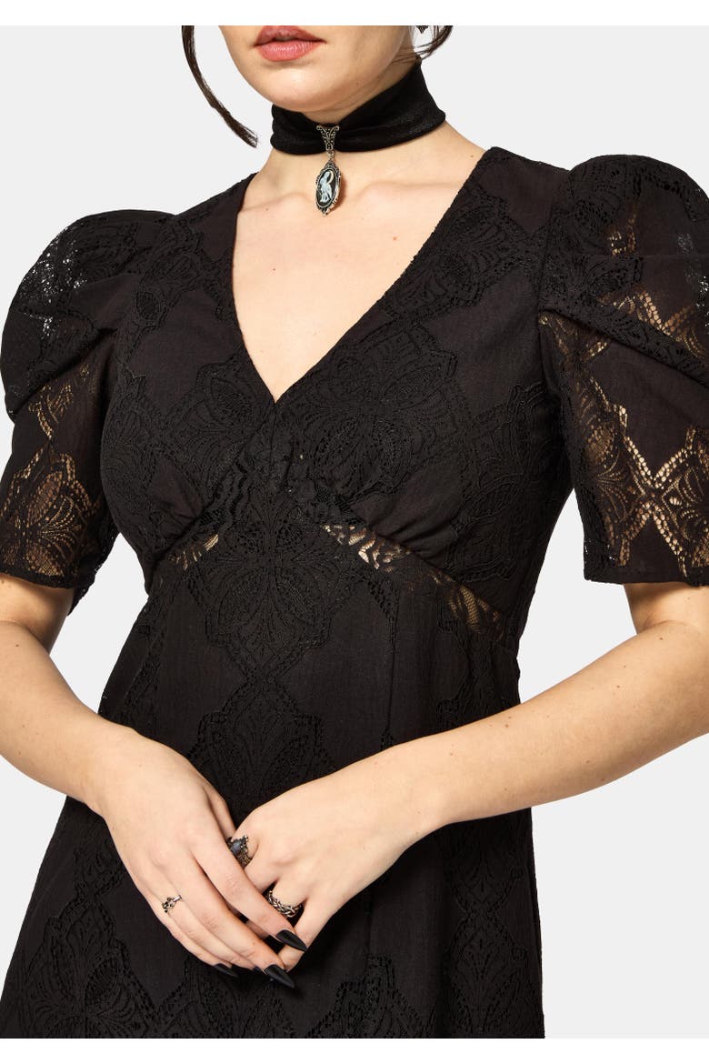 Zephyr Crossed Lace V-Neck Midi Dress, Alternate, color, Black