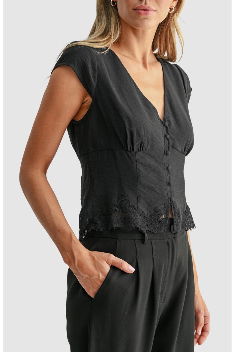 Lace Hem Cap Sleeve Top, Alternate, color, BLACK