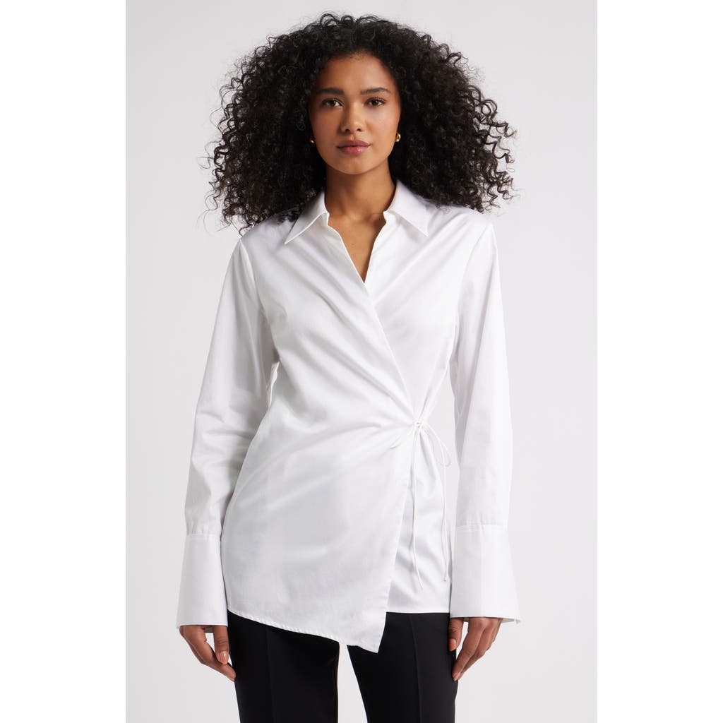 Open Edit Asymmetric Cotton Poplin Wrap Shirt in White  product