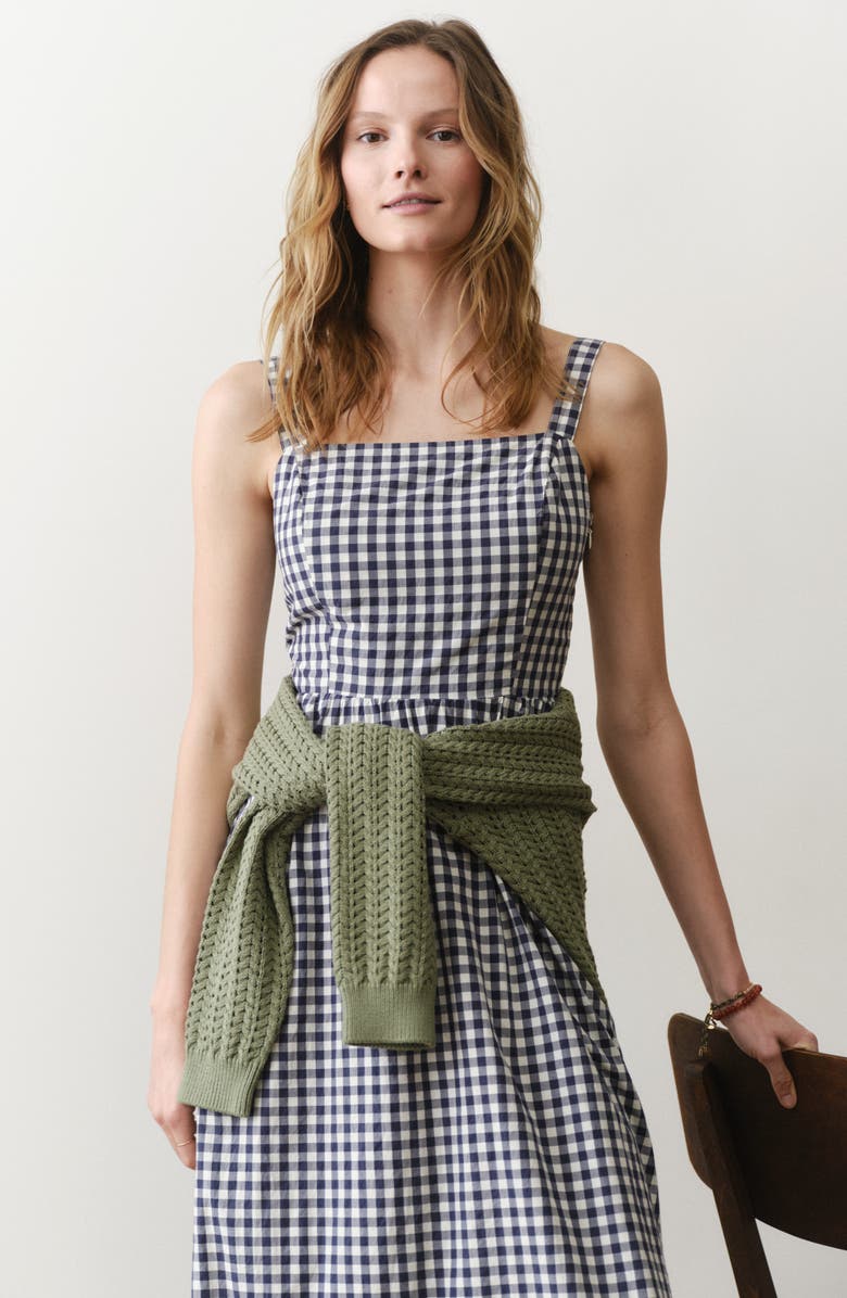 Marine Layer Demi Gingham Pima Cotton Poplin Midi Dress, Alternate, color, Navy Gingham