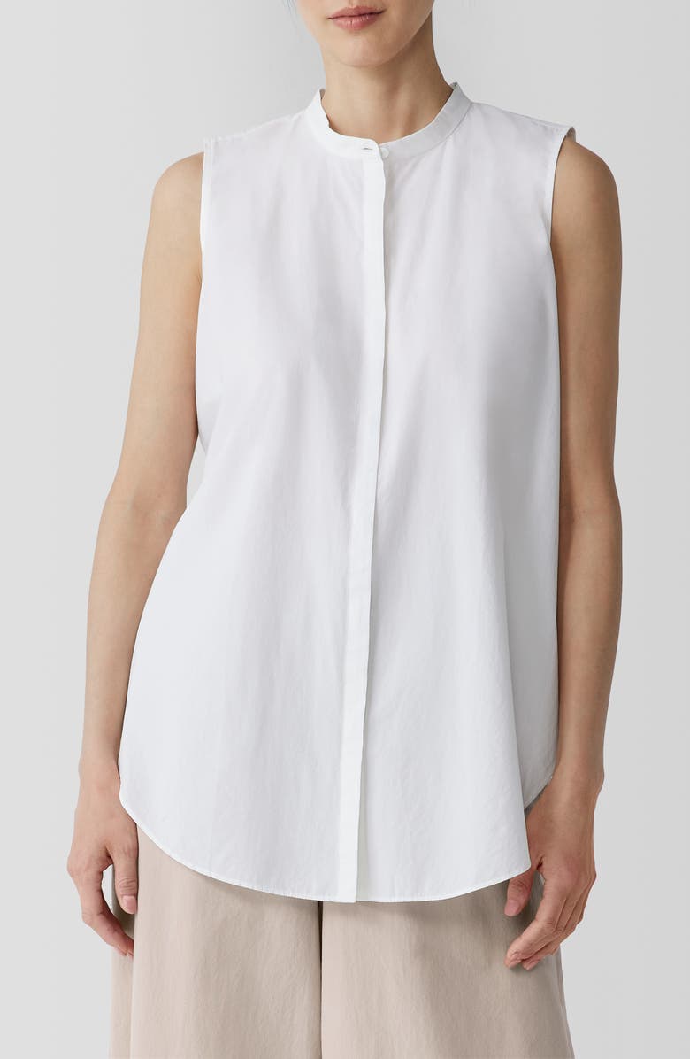 Eileen Fisher Sleeveless Organic Cotton Band Collar Shirt, Main, color, White