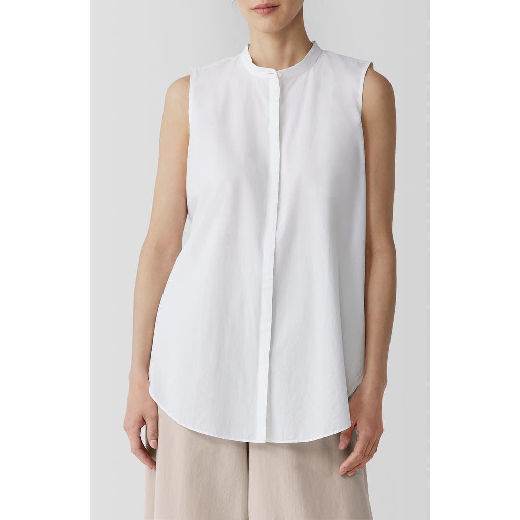 Eileen Fisher Washed Organic Cotton Poplin Band Collar Shirt In White