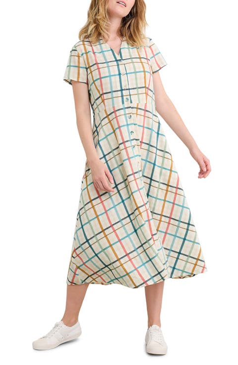 Carved Wood Short Sleeve Button-Up Midi Dress