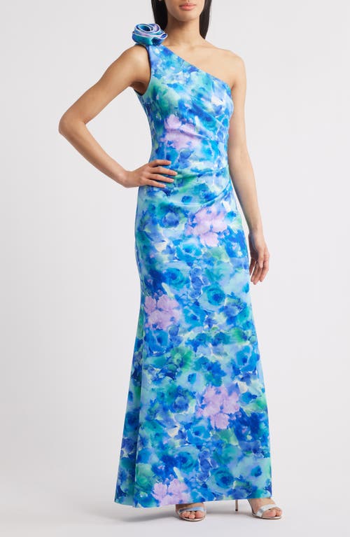 Eliza J Floral One-shoulder Evening Dress In Blue Multi