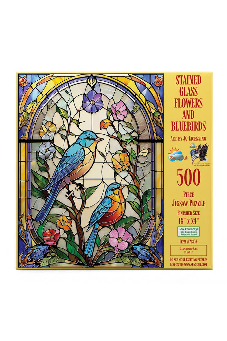Stained Glass Flowers and Bluebirds 500 piece Jigsaw Puzzle for Adults, Alternate, color, Multicolor