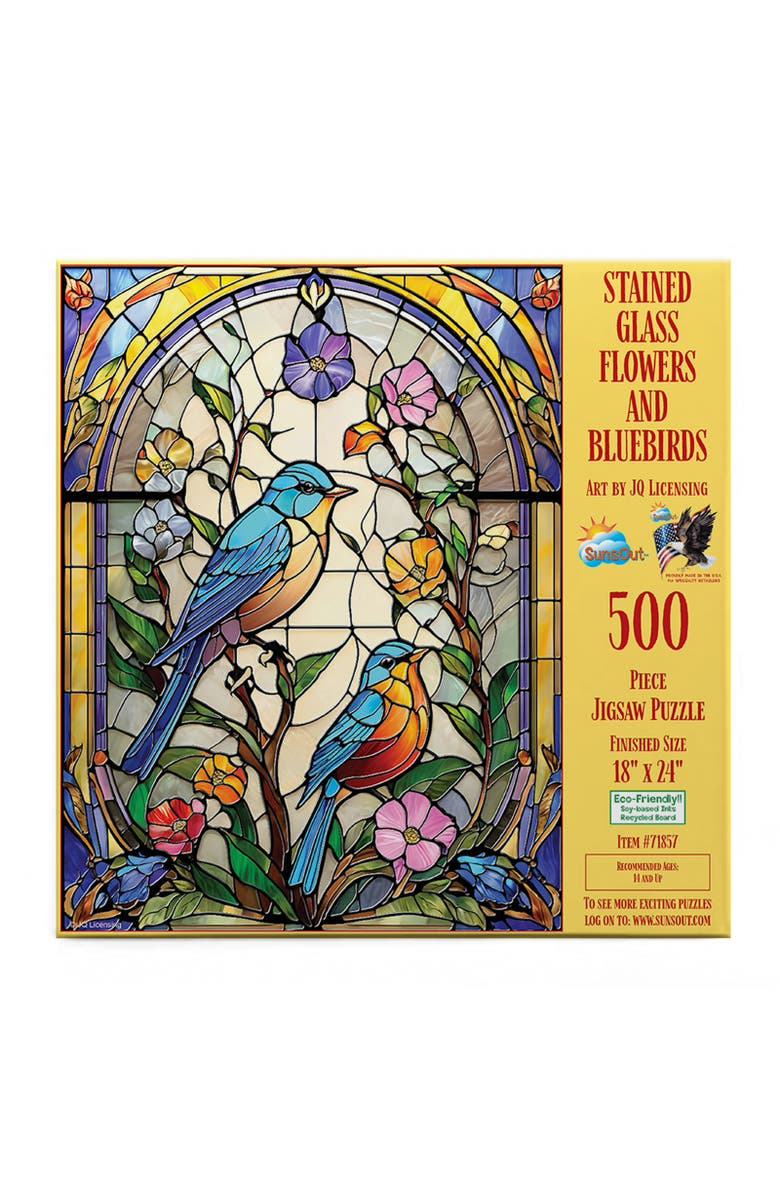 Sunsout Stained Glass Flowers and Bluebirds 500 piece Jigsaw Puzzle for Adults, Alternate, color, Multicolor
