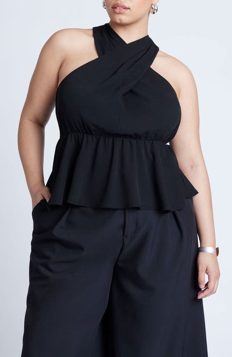 売れ筋商品|||エロクイ カットソー トップス レディース Plus Size Halter Top With Peplum Black onyx Plus Size - Foxy High Neck Criss Cross Halter Top - Torrid