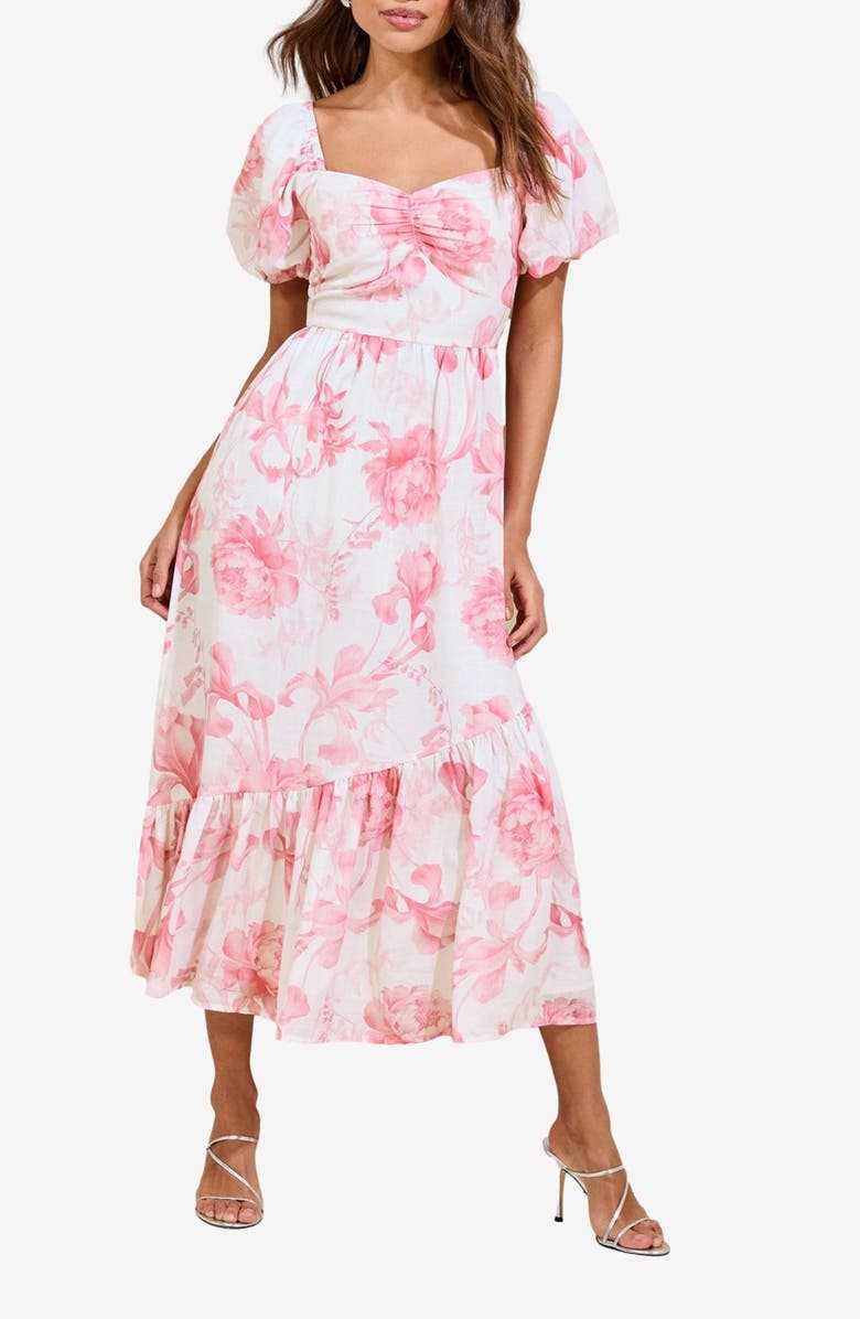 Lipsy Floral Print Puff Sleeve Midi Dress, Main, color, Pink
