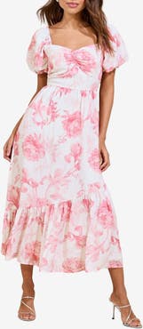 Lipsy Floral Print Puff Sleeve Midi Dress