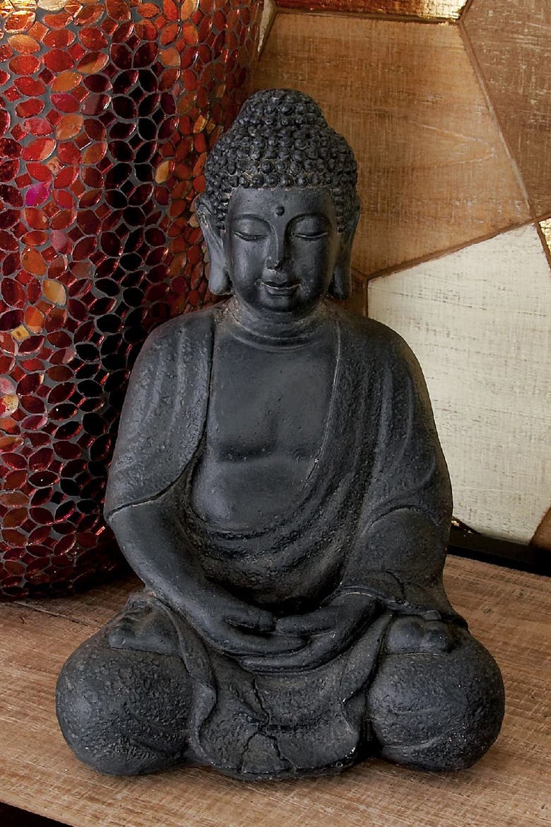 Gray Ceramic Meditating Buddha Sculpture with Engraved Carvings & Relief Detail, Alternate, color, GREY