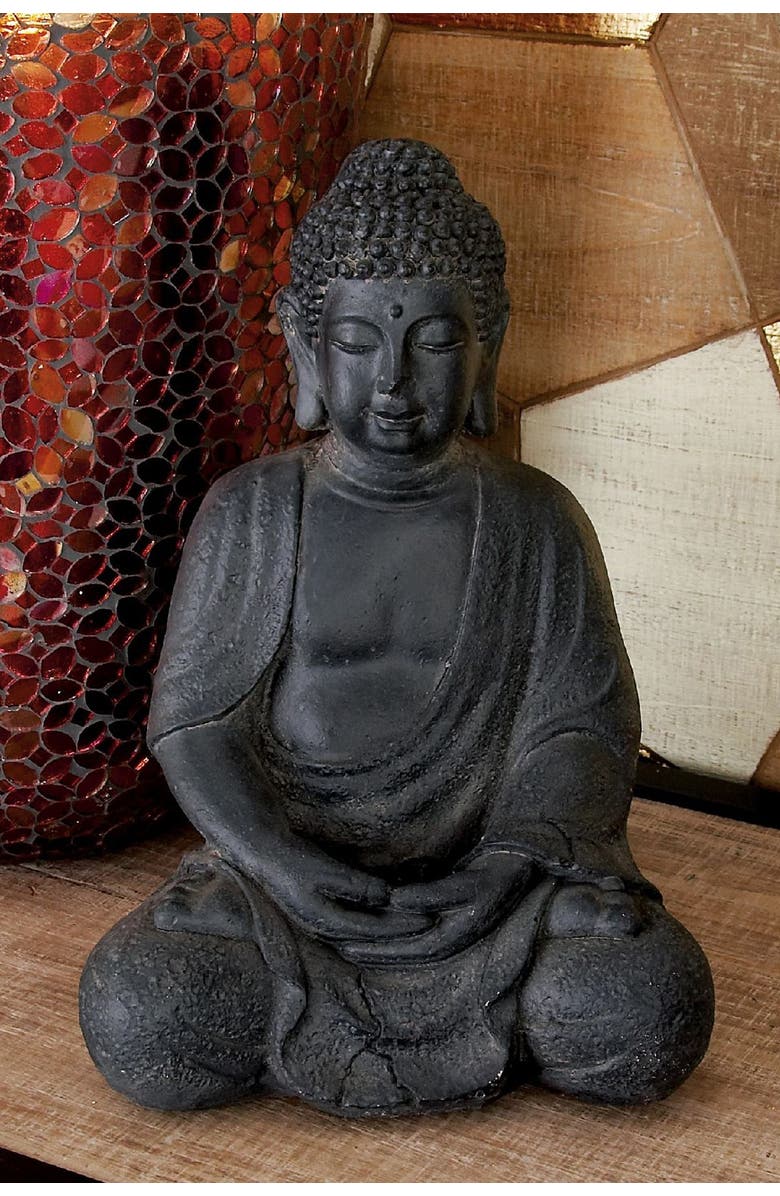 COSMO BY COSMOPOLITAN Gray Ceramic Meditating Buddha Sculpture with Engraved Carvings & Relief Detail, Alternate, color, 