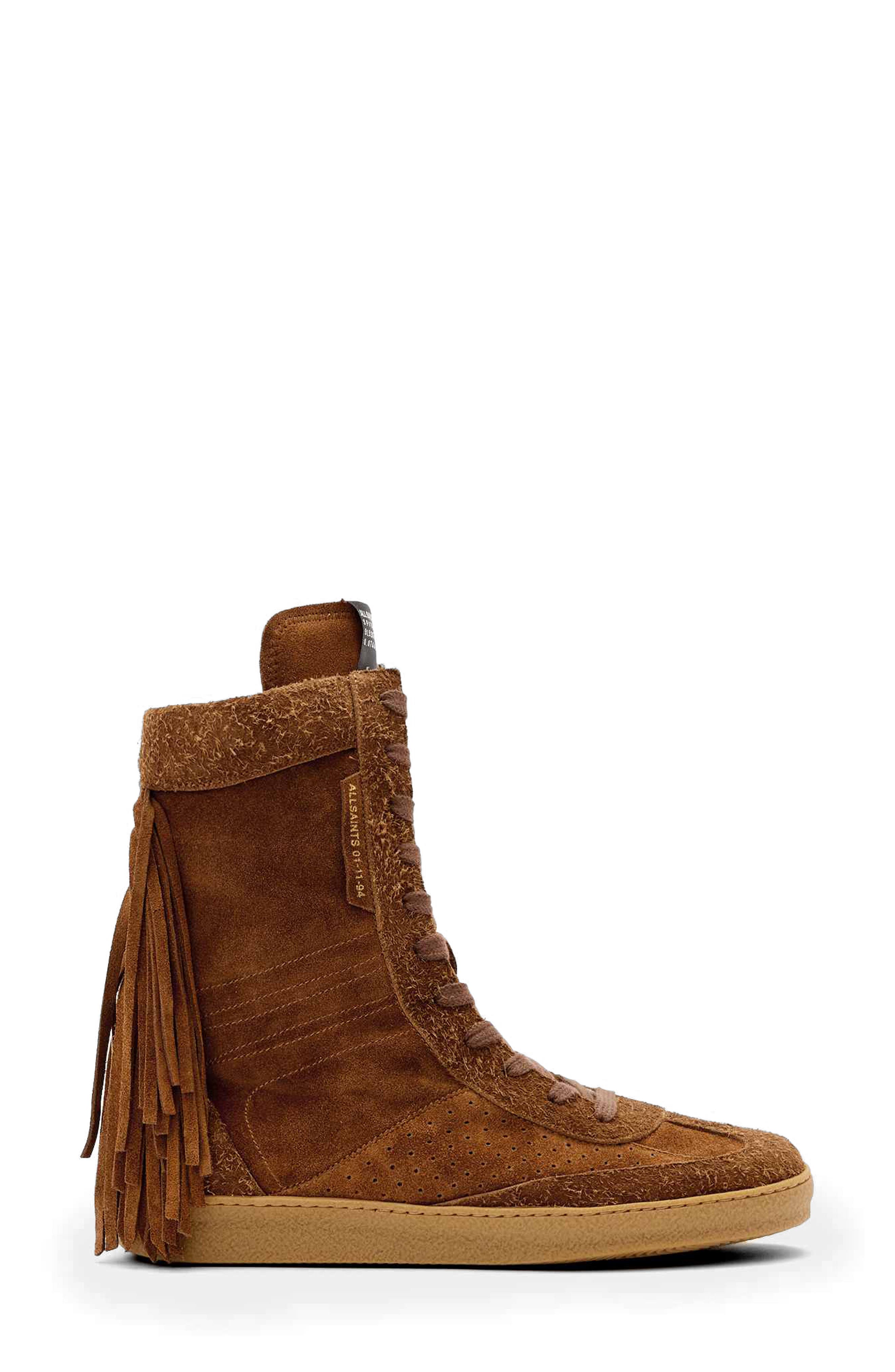AllSaints Louise Fringe High Top Sneaker, Alternate, color, Tan Brown