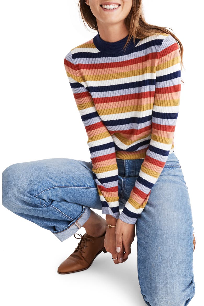 Stripe Mock Neck Pullover Sweater, Main, color, BLUE NIGHT
