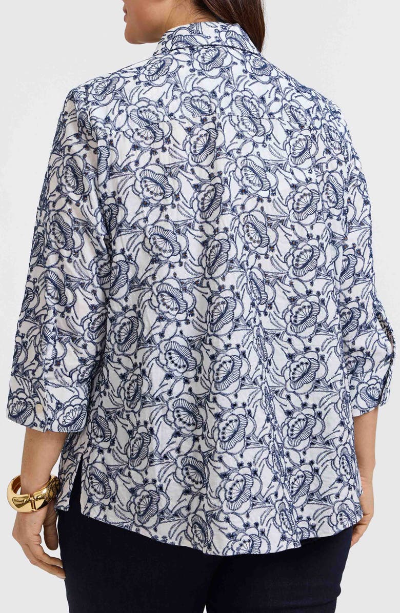 Foxcroft Zoey Embroidered Eyelet Cotton Button-Up Shirt, Alternate, color, White/ Navy