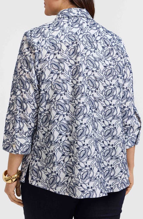 Foxcroft Zoey Embroidered Eyelet Shirt In White/navy