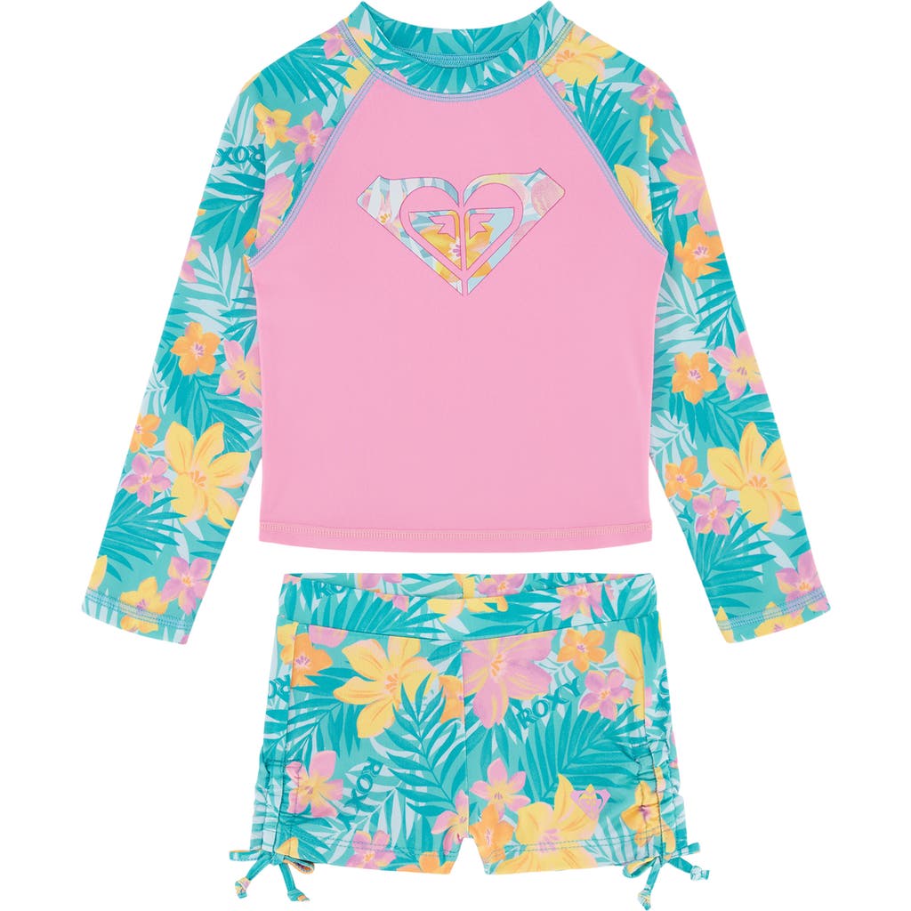 Roxy Floral Long Sleeve Two-piece Rashguard Swimsuit In Pink