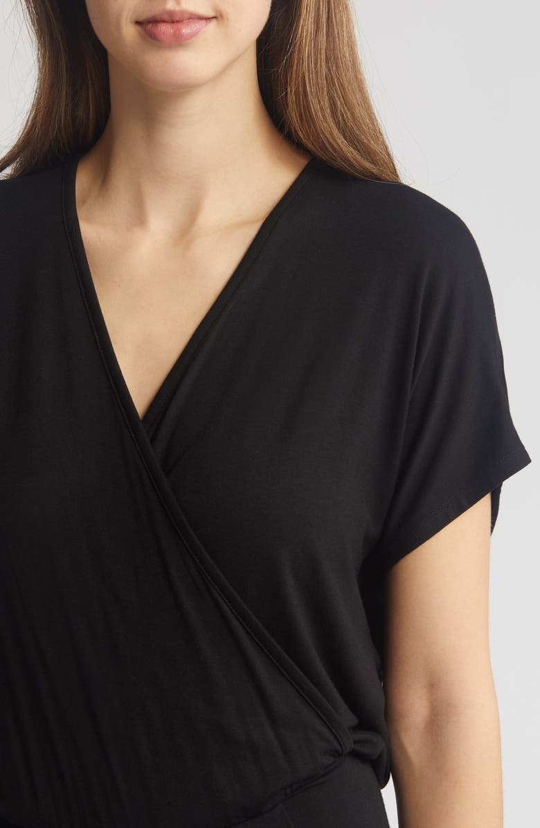 Loveappella Short Sleeve Wrap Front Crop Jumpsuit, Alternate, color, 