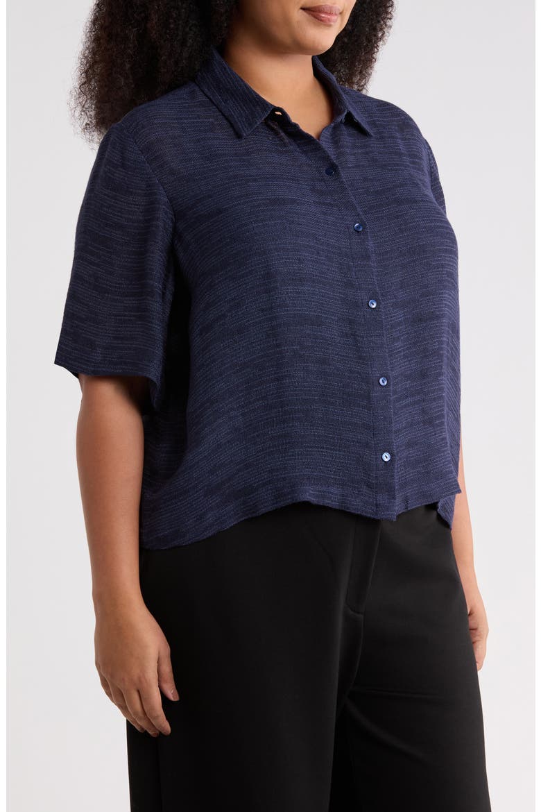 Classic Collar Elbow Sleeve Organic Linen Blend Button-Up Shirt, Alternate, color, INK