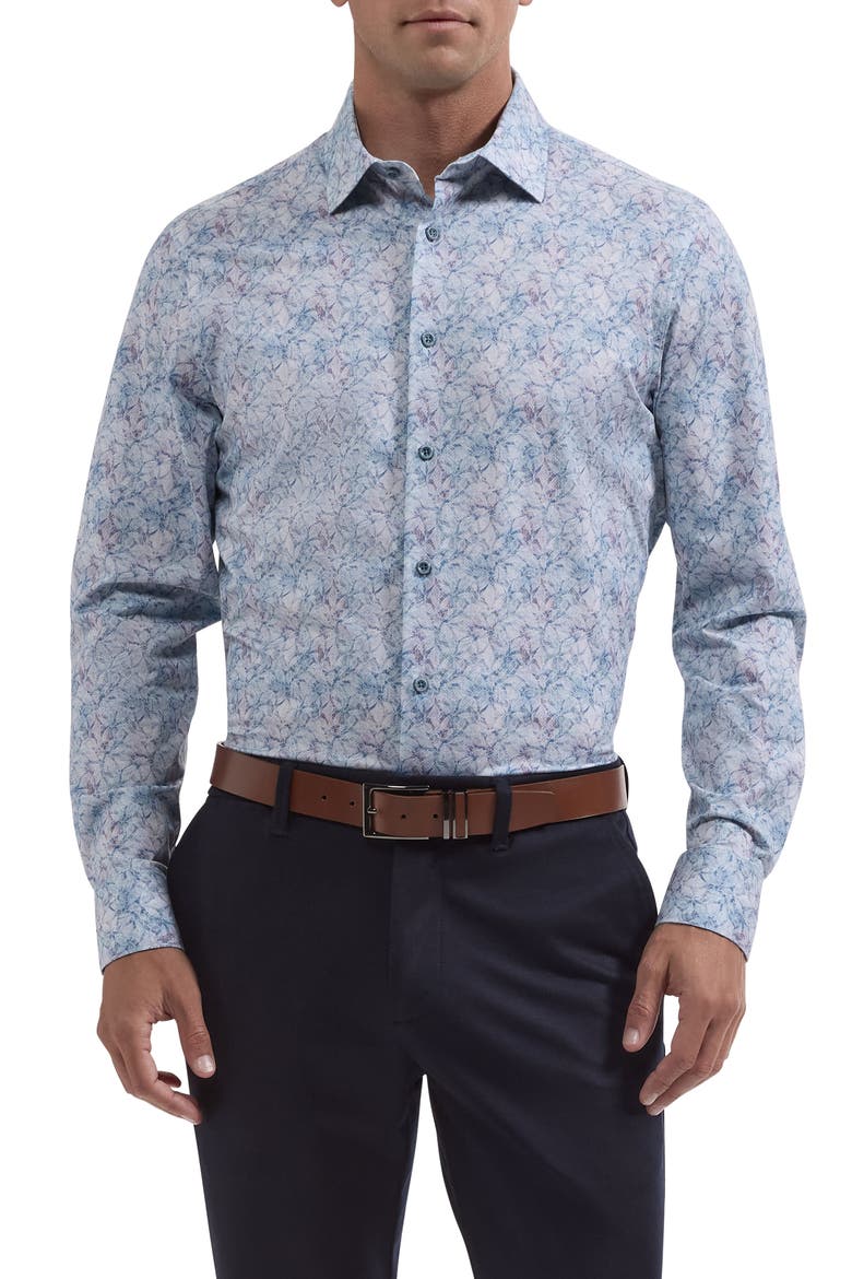 James OoohCotton® Leaf Print Button-Up Shirt, Main, color, HAZY BLUE