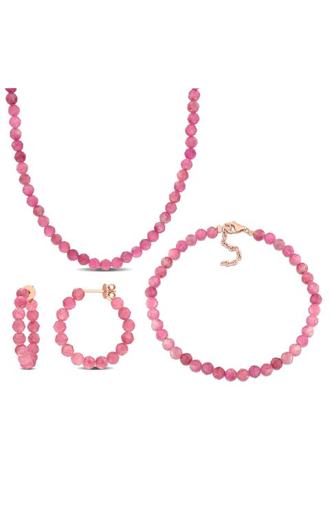 Pink Tourmaline Beaded Earrings, Bracelet & Necklace Set