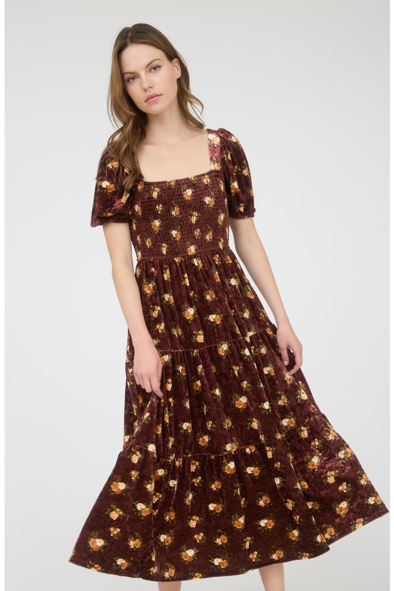 Puff Sleeve Midi Dress, Alternate, color, BURGUNDY MULTI