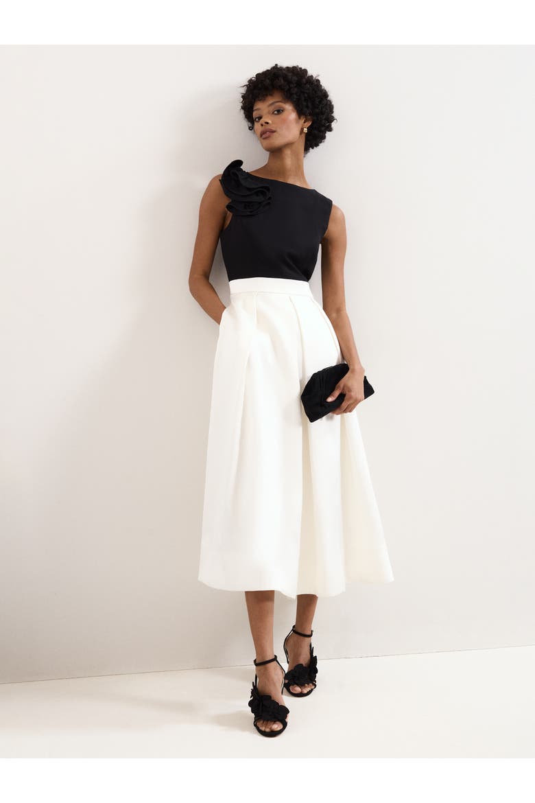 Perla Satin Midi Dress, Main, color, Black/Ivory