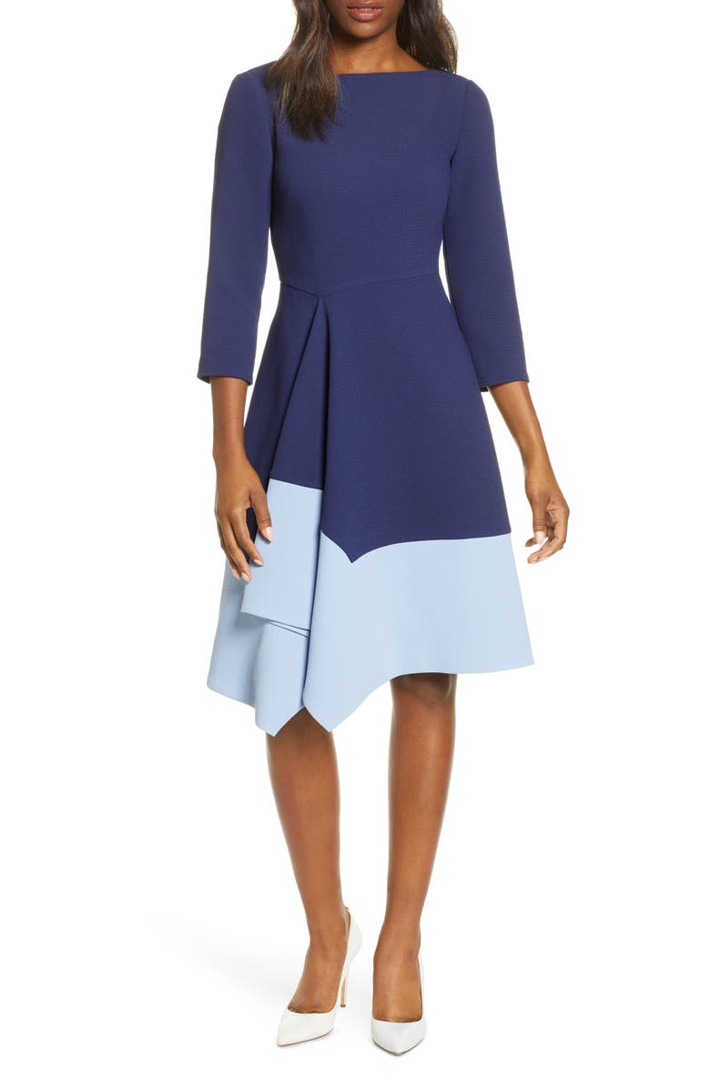 Harper Rose Colorblock Asymmetrical Hem Fit & Flare Crepe Dress, Main, color,