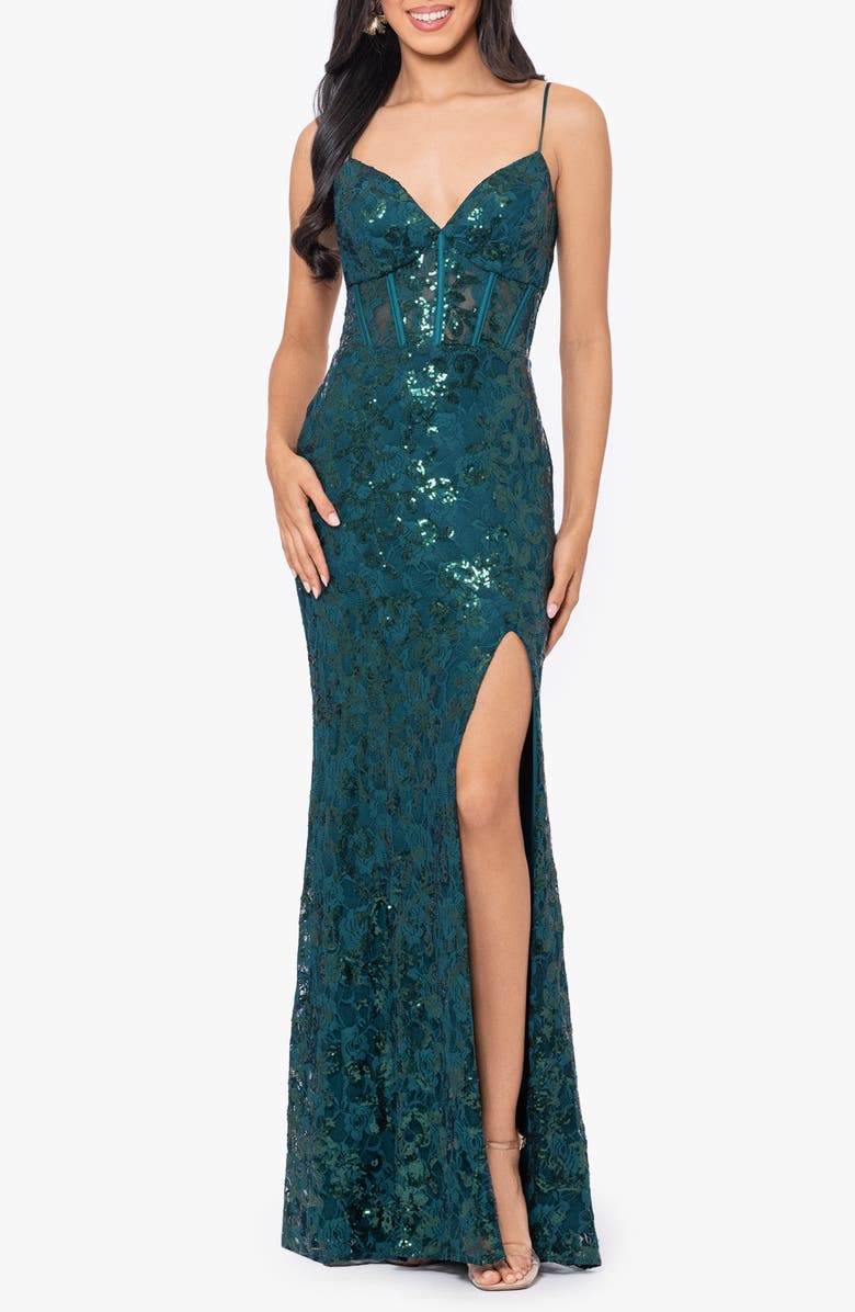Blondie Nites Sequin Tapestry Sheath Gown, Main, color, Hunter