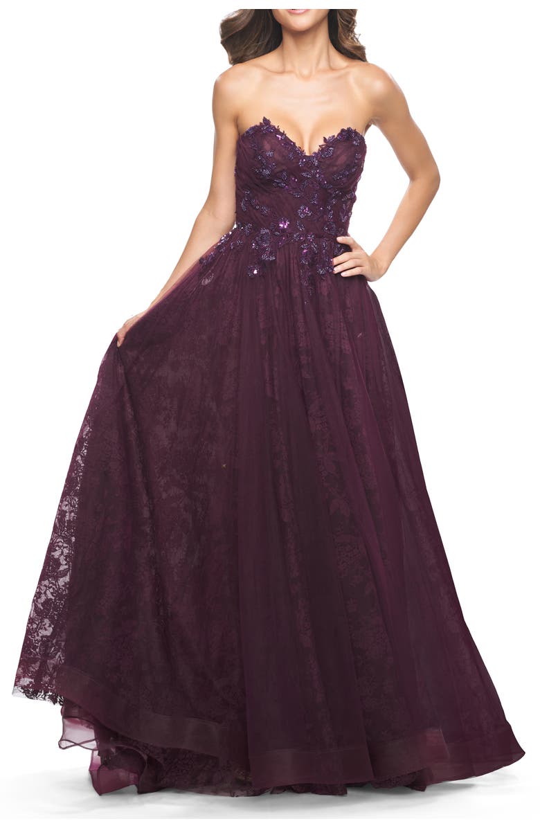La Femme A-Line Gown with Lace Lining and Beaded Embellishments, Main, color, Dark Berry