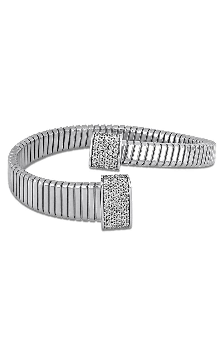Julianna B. Cubic Zirconia Bypass Bangle Bracelet, Main, color, Sterling Silver