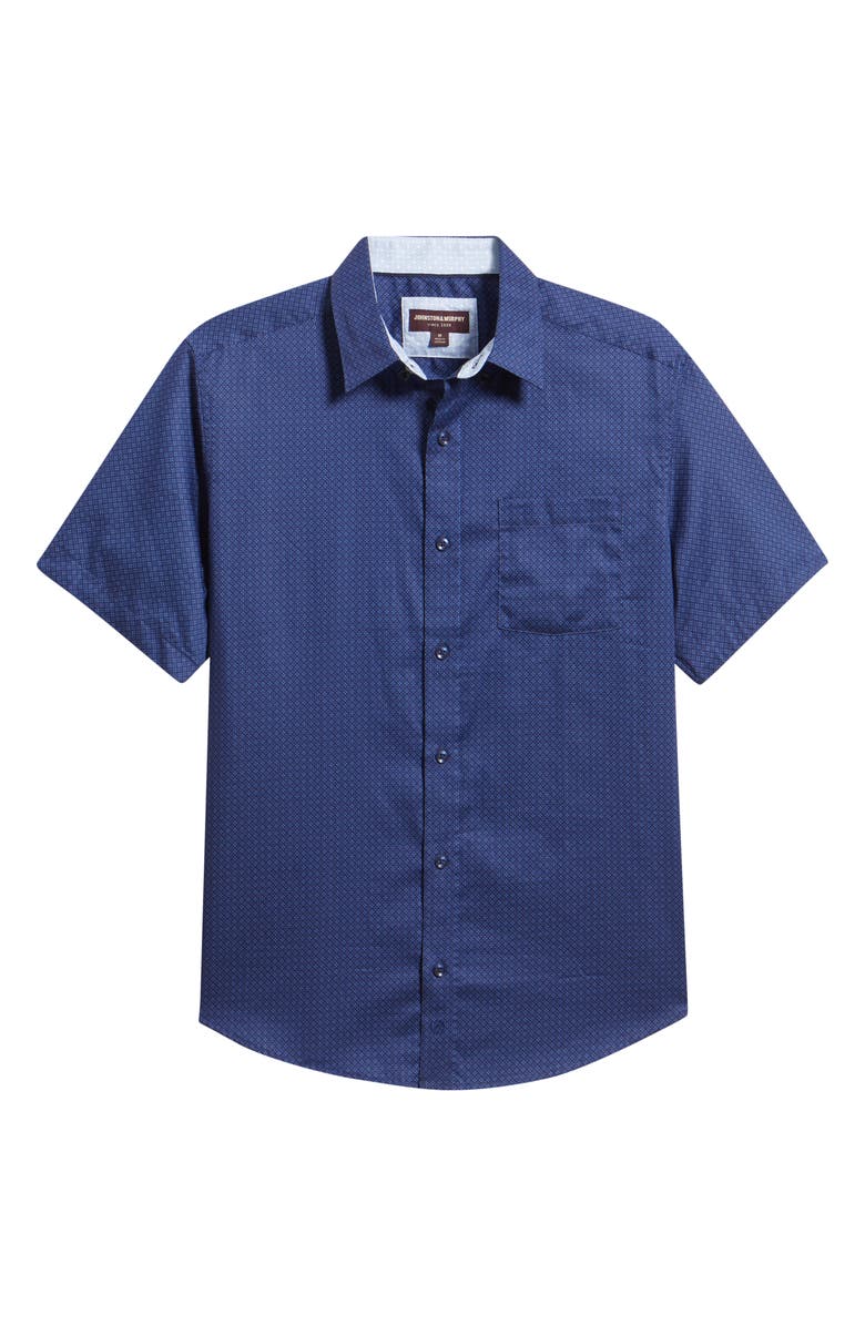 Johnston & Murphy Logan Microprint Short Sleeve Cotton Blend Button-Up Shirt, Main, color, Navy Mini Circle