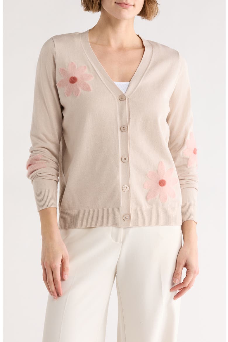 Floral Appliqué V-Neck Cardigan, Main, color, IVORY/ BLUSH