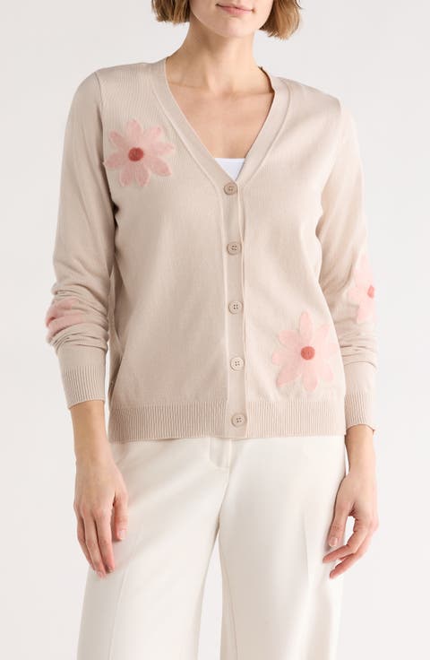Floral Appliqué V-Neck Cardigan