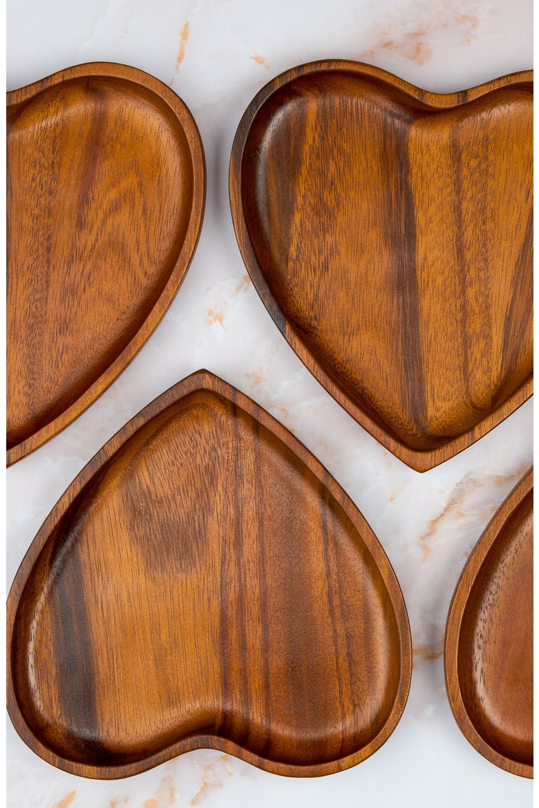Eat Your Heart Out Set of 4 Acacia Wood Appetizer Plates, Alternate, color, BROWN