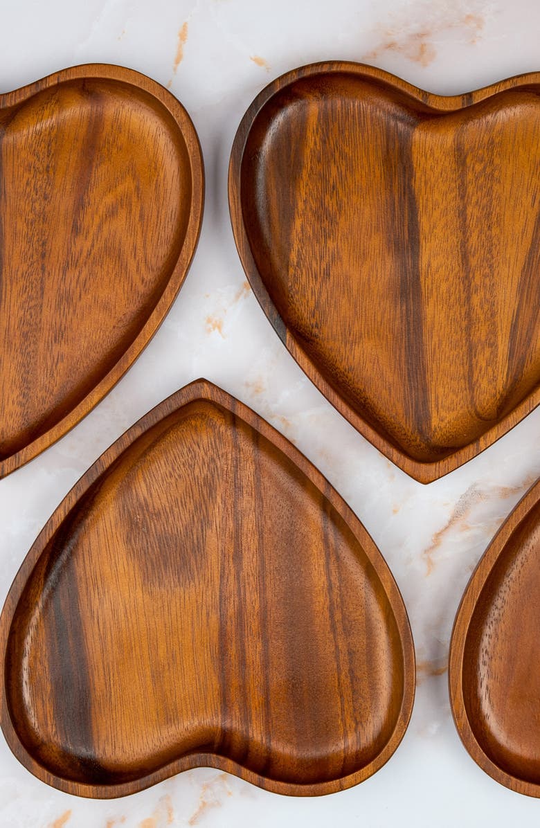 Nambé Eat Your Heart Out Set of 4 Acacia Wood Appetizer Plates, Alternate, color, Brown