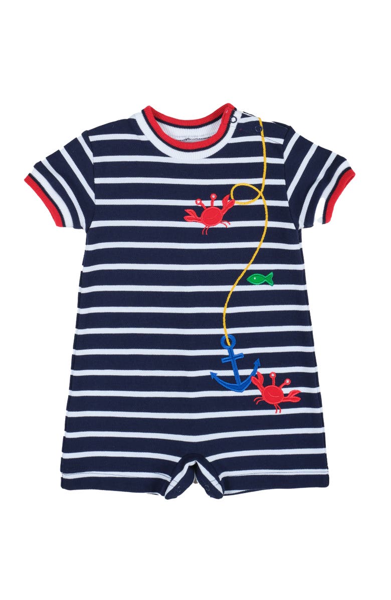 Florence Eiseman Stripe Knit Shortall With Anchor, Crabs & Fish, Main, color, Navy / White