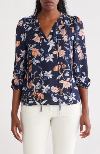 Cece Front Tie Long Sleeve Top In Blue