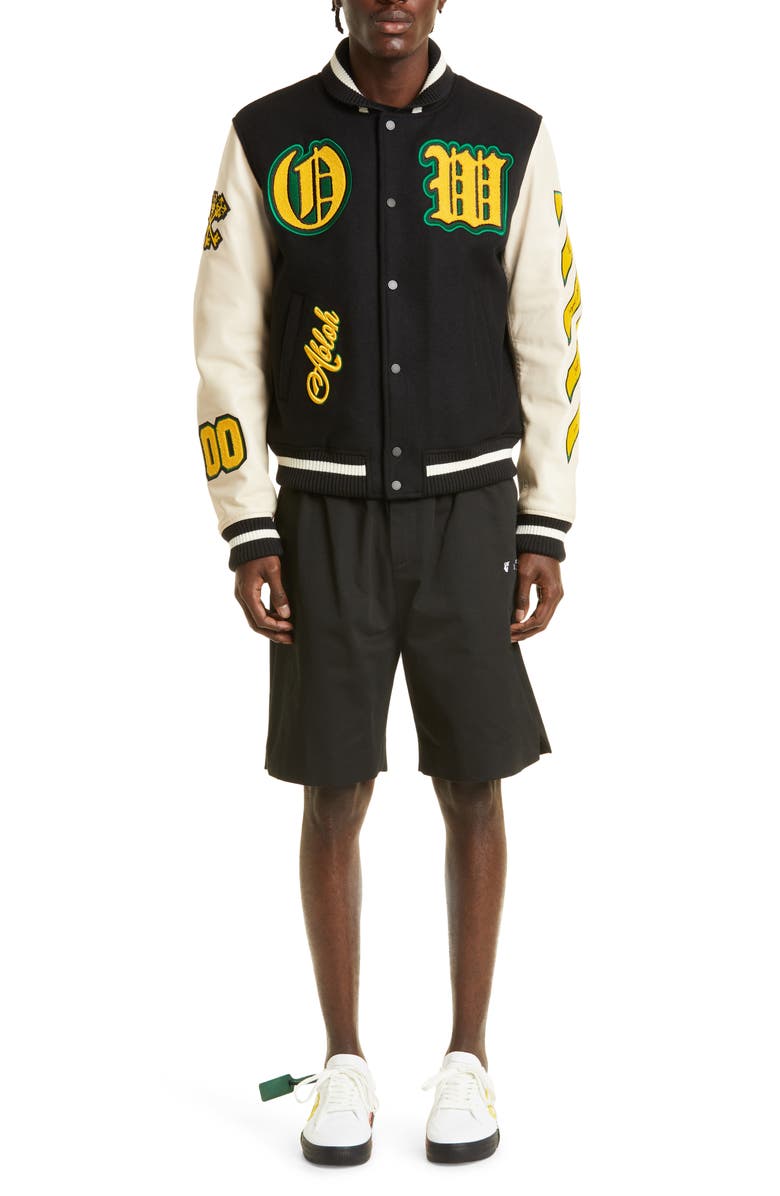 Off-White Stretch Wool Blend & Leather Varsity Jacket, Alternate, color, 