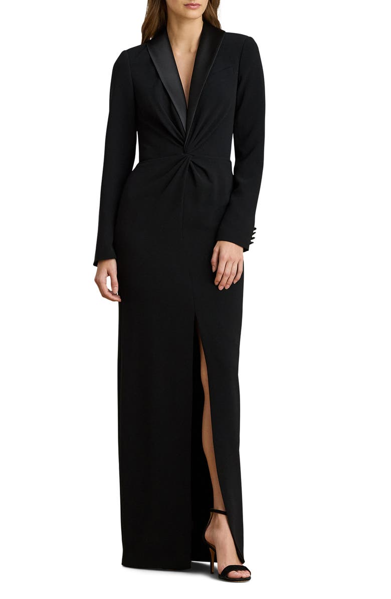Lauren Ralph Lauren Zeenai Long Sleeve Tuxedo Sheath Gown, Main, color, Black