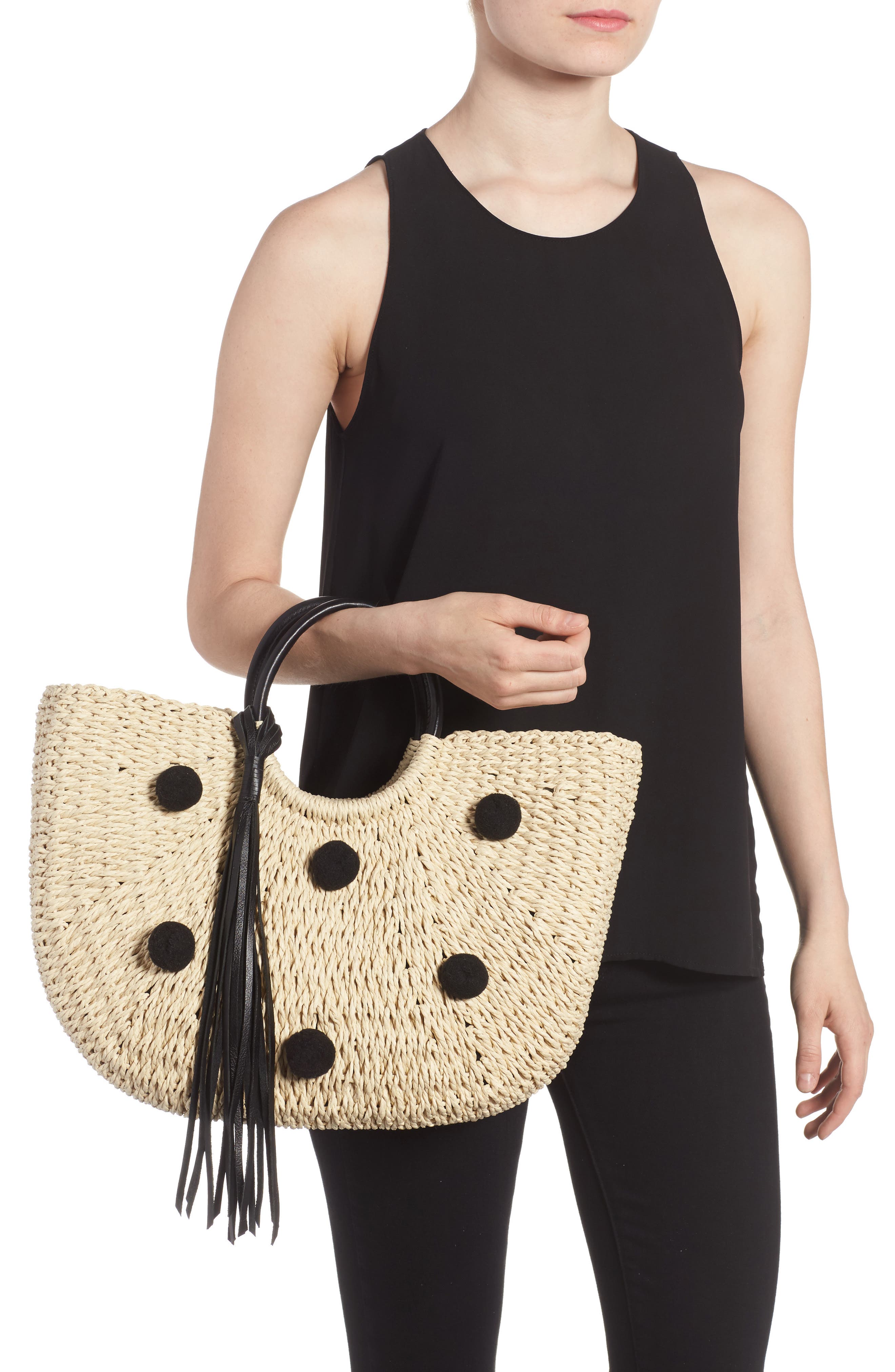 Rebecca Minkoff Straw Pom Pom Tote, Alternate, color, 